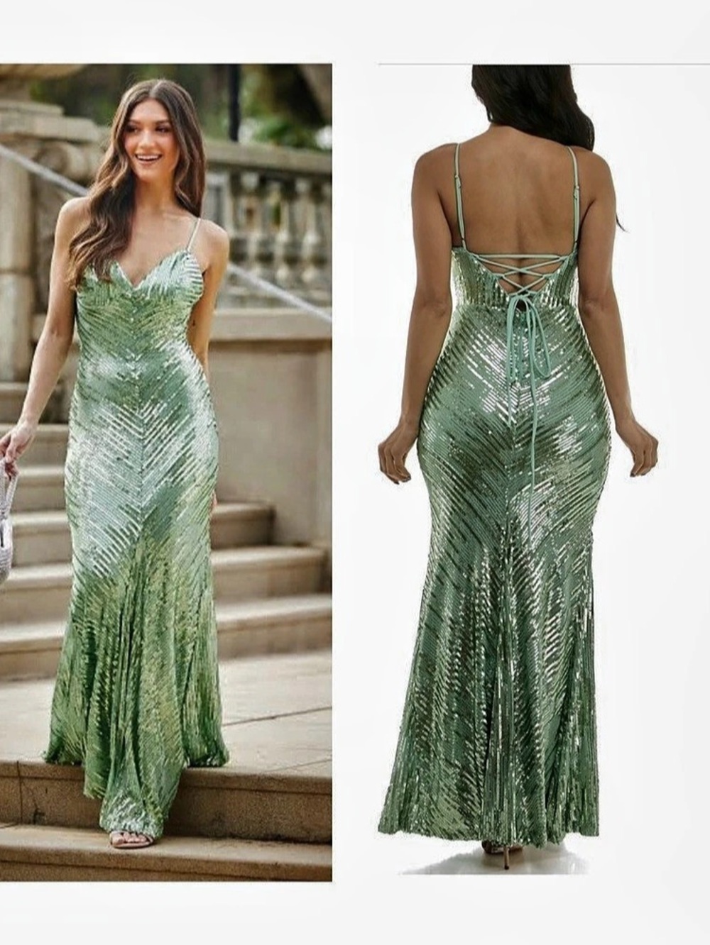 Violet weekend Sequin Lace-Up Maxi Dress in Green Size 7/8 NWT